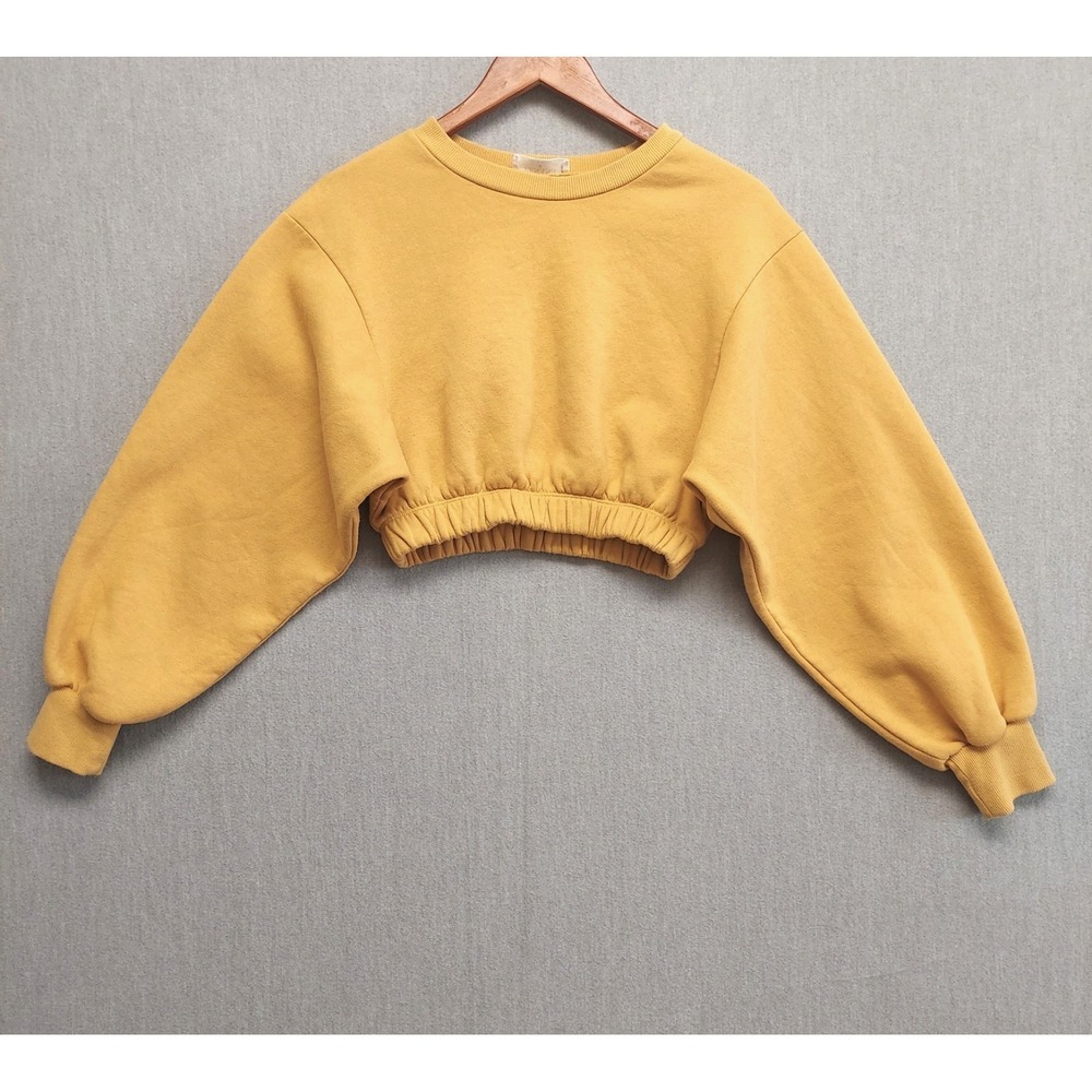 Womens Cropped Sweatshirt S Mustard Yellow Elastic Hem Balloon‎ Sleeve Crewneck